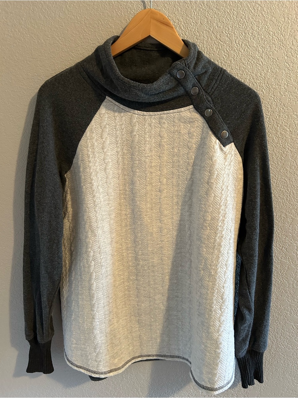 Maurices Two-Tone Button Shoulder Cowl Sweater - Cream & Dark Gray